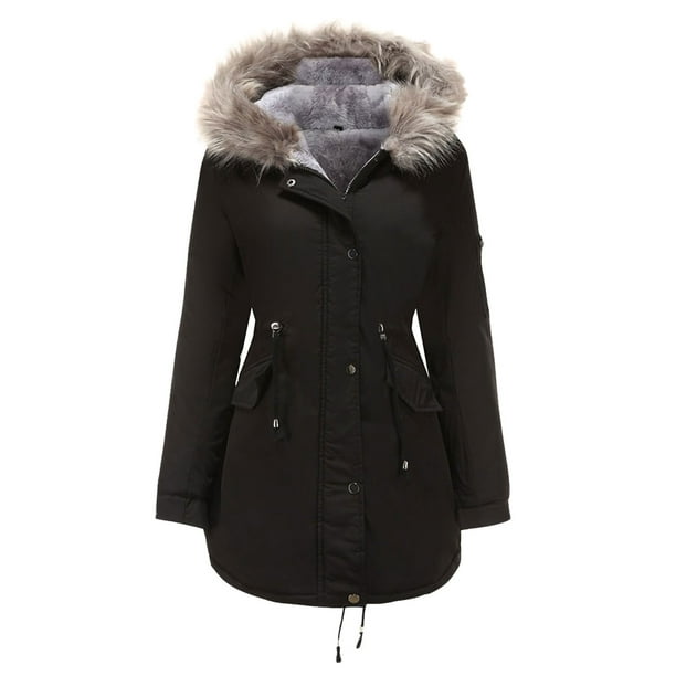 Ladies Fur Lining Coat Winter Warm Outwear Long Parka Hooded Jacket Zip Outwear
